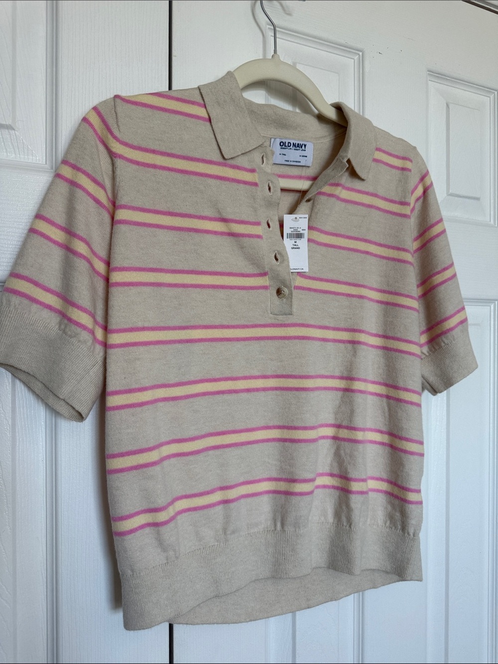NWT old navy polo style sweater beige with pink yellow stripes M Tall